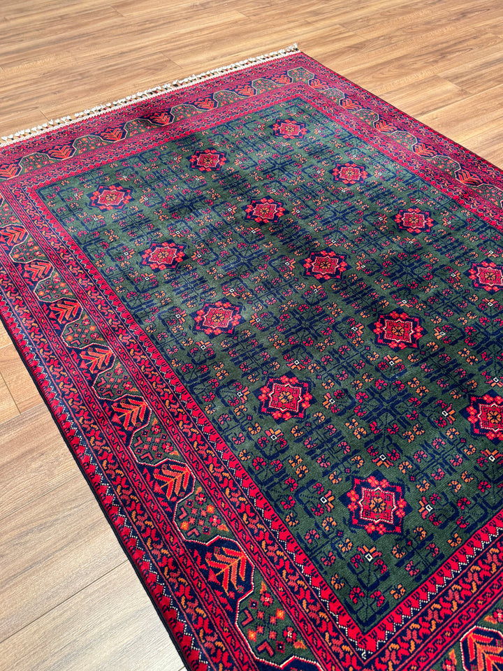 Afgan Halısı Yeşil Hamyap Orijinal El Dokuması Kök Boya Yün 148x198 2.93 Metrekare - 4x6 ft