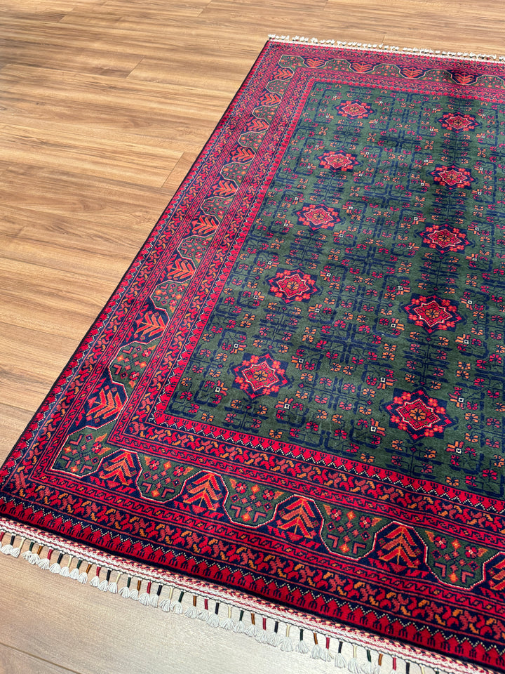 Afgan Halısı Yeşil Hamyap Orijinal El Dokuması Kök Boya Yün 148x198 2.93 Metrekare - 4x6 ft