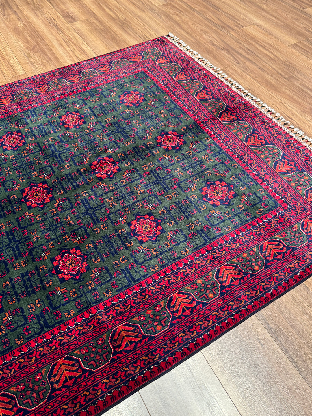 Afgan Halısı Yeşil Hamyap Orijinal El Dokuması Kök Boya Yün 148x198 2.93 Metrekare - 4x6 ft