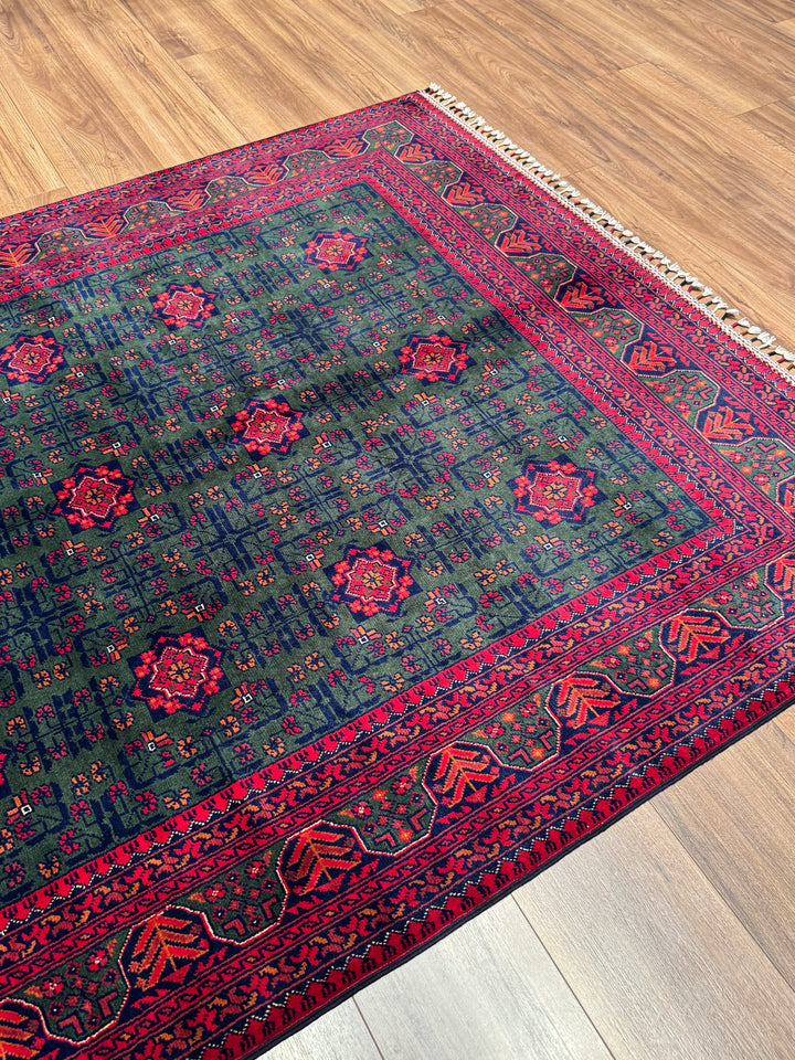 Afgan Halısı Yeşil Hamyap Orijinal El Dokuması Kök Boya Yün 148x198 2.93 Metrekare - 4x6 ft