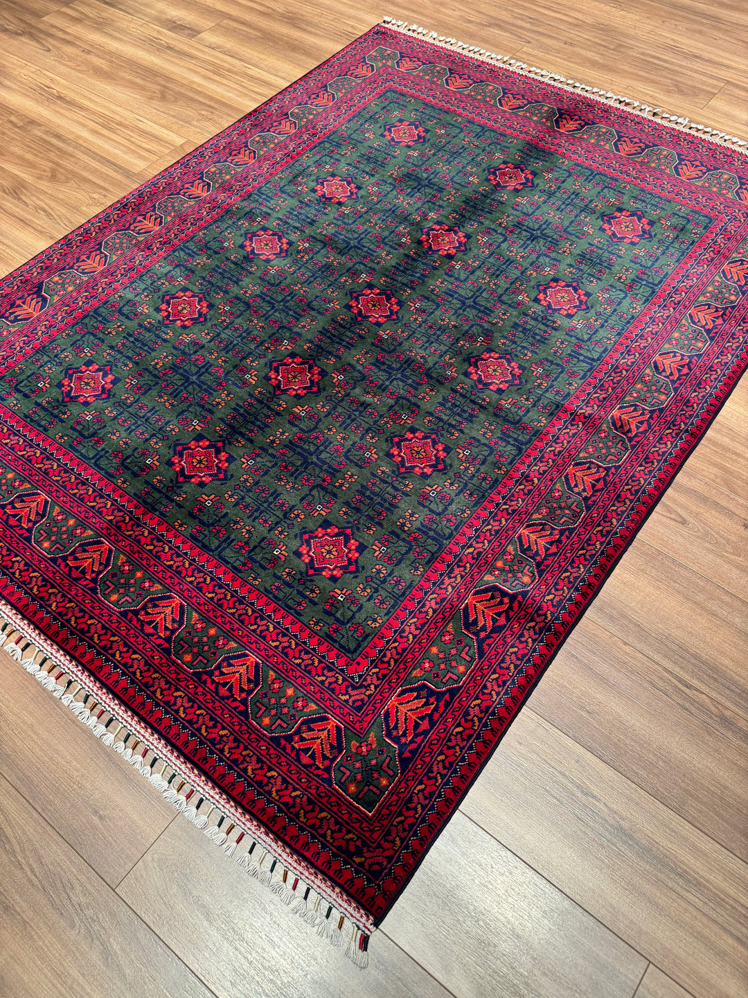 Afgan Halısı Yeşil Hamyap Orijinal El Dokuması Kök Boya Yün 148x198 2.93 Metrekare - 4x6 ft