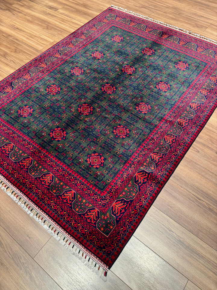 Afgan Halısı Yeşil Hamyap Orijinal El Dokuması Kök Boya Yün 148x198 2.93 Metrekare - 4x6 ft