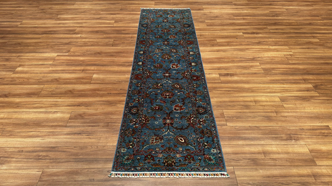 Sultani Binbirgece Runner Original Hand Woven Blue Root Dye Wool Carpet 0.82x298 2.44 Square Meters - 2x8 ft 