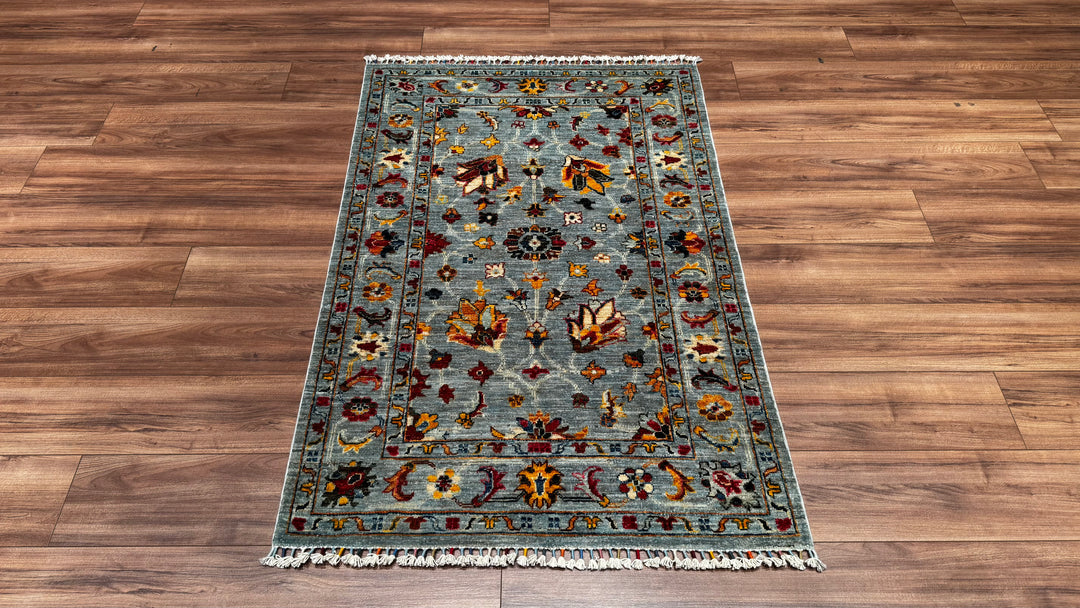 Sultani Çiçekli Orjinal El Dokuması Gri Kök Boya Yün Halı 102x154 1.57 Metrekare - 3x5 ft