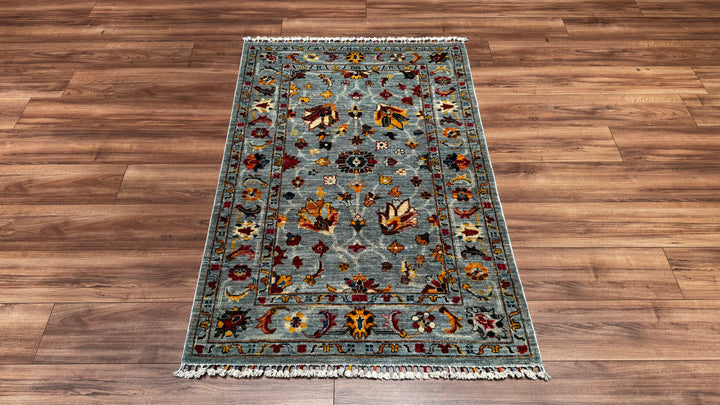 Sultani Floral Original Hand Woven Gray Root Dye Wool Carpet 102x154 1.57 Square Meters - 3x5 ft 