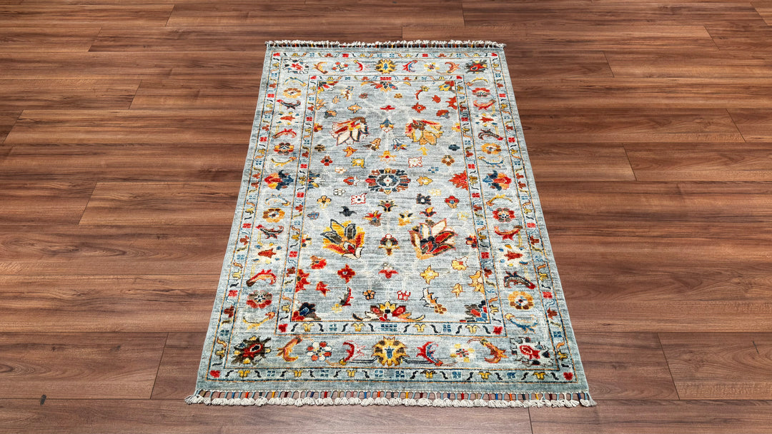 Sultani Çiçekli Orjinal El Dokuması Gri Kök Boya Yün Halı 102x154 1.57 Metrekare - 3x5 ft