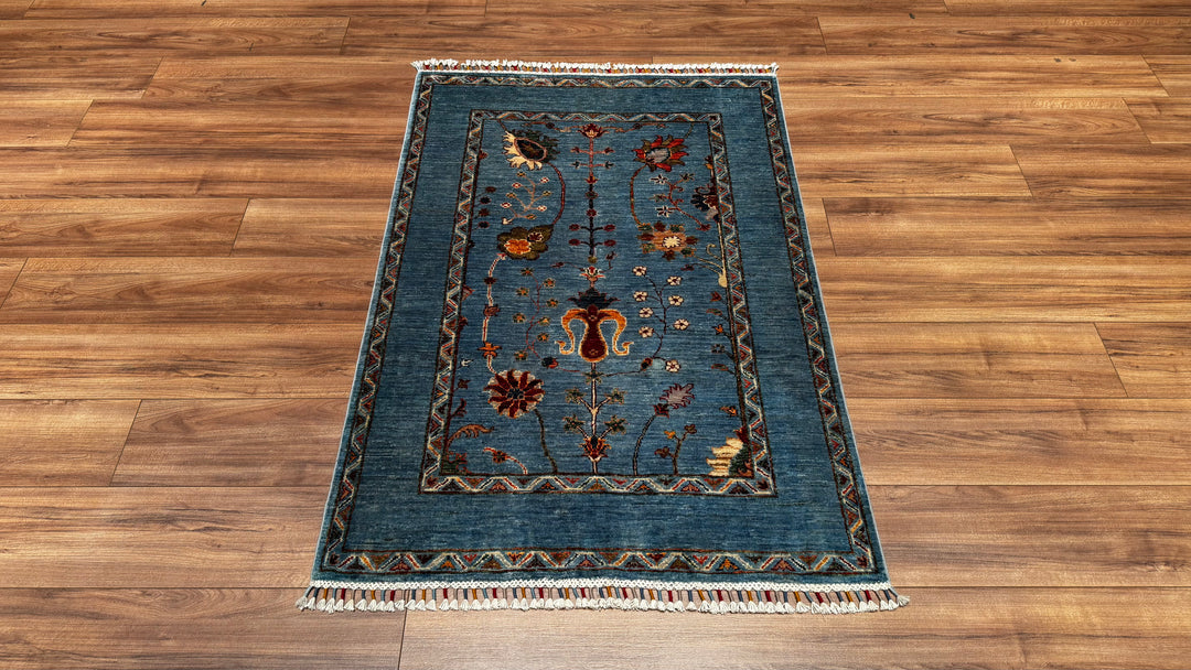 Sultani Çiçekli Orjinal El Dokuması Mavi Kök Boya Yün Halı 0.98x145 1.42 Metrekare - 3x4 ft