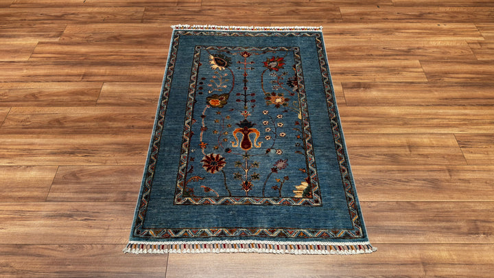 Sultani Çiçekli Orjinal El Dokuması Mavi Kök Boya Yün Halı 0.98x145 1.42 Metrekare - 3x4 ft