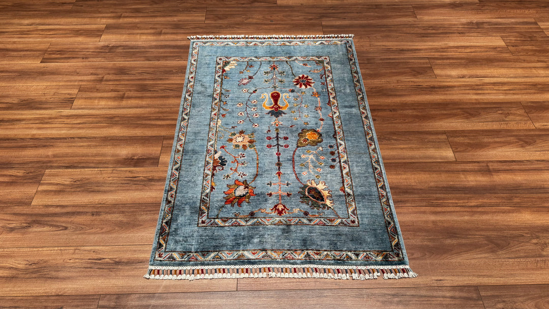 Sultani Çiçekli Orjinal El Dokuması Mavi Kök Boya Yün Halı 0.98x145 1.42 Metrekare - 3x4 ft