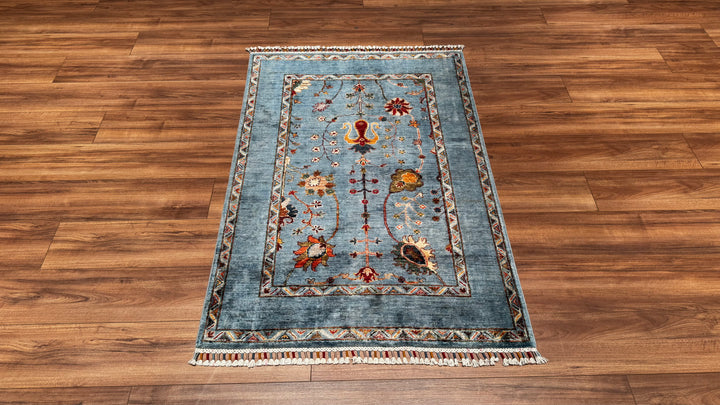 Sultani Çiçekli Orjinal El Dokuması Mavi Kök Boya Yün Halı 0.98x145 1.42 Metrekare - 3x4 ft