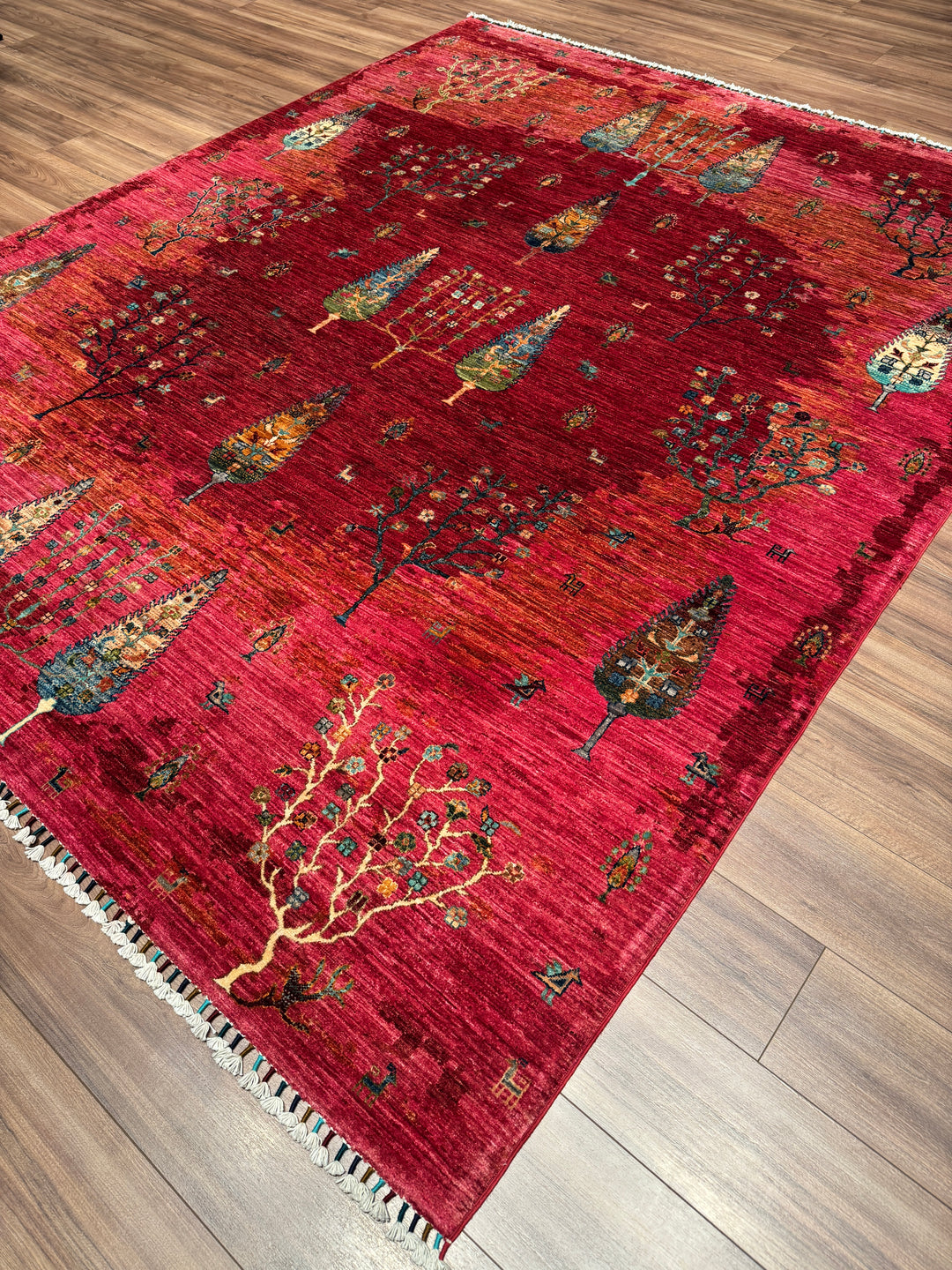 Hayat Ağacı Orijinal El Dokuması Pembe Kök Boya Yün Halı 246x298 7.33 Metrekare - 8x10 ft