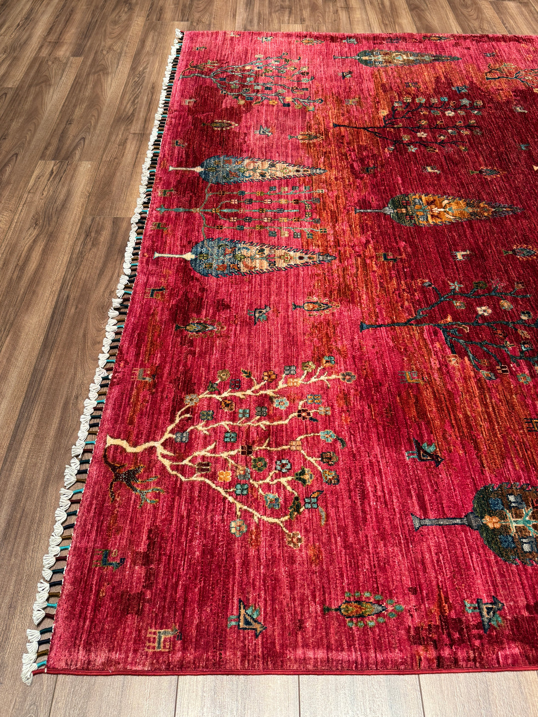 Hayat Ağacı Orijinal El Dokuması Pembe Kök Boya Yün Halı 246x298 7.33 Metrekare - 8x10 ft