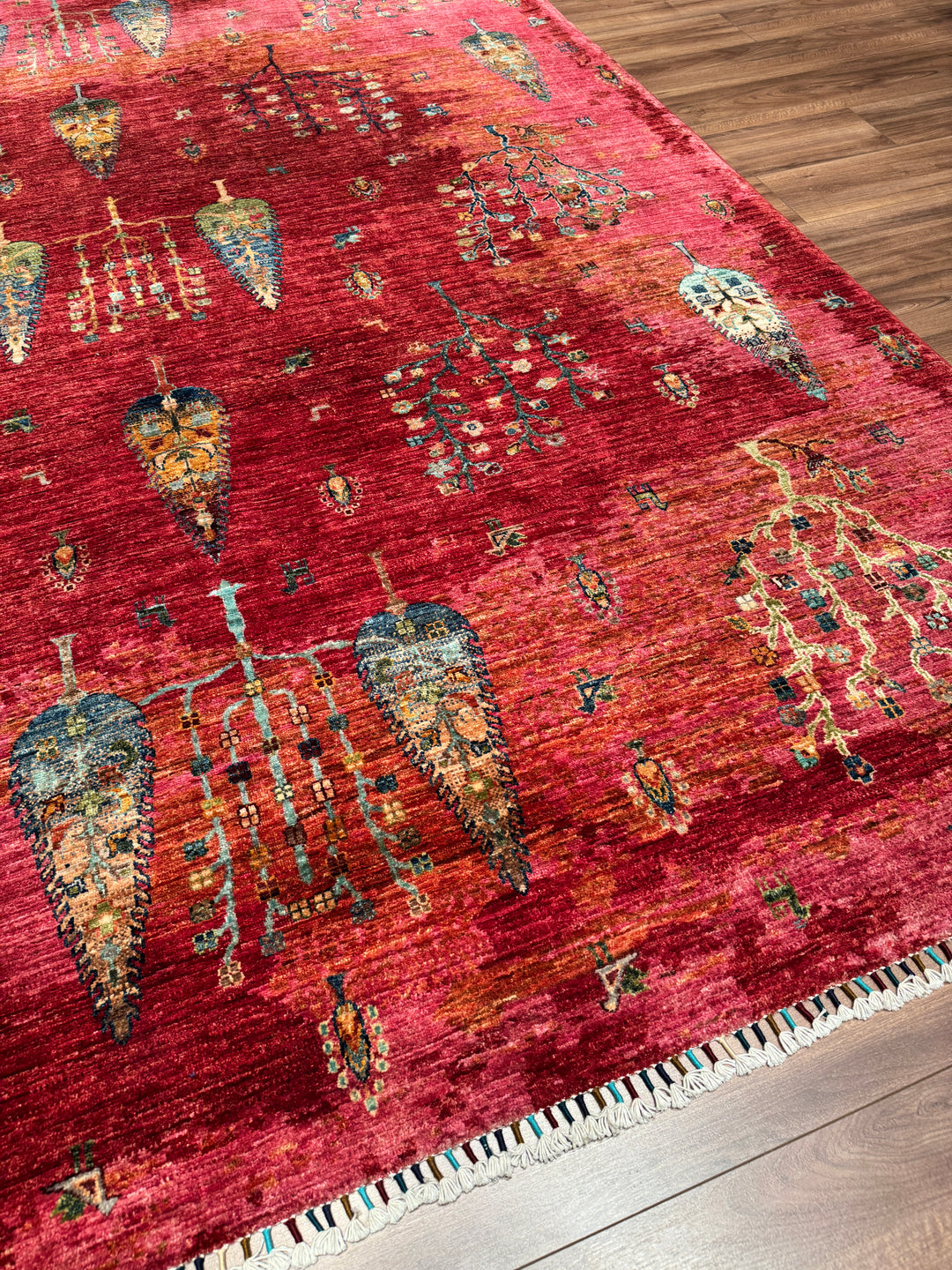 Hayat Ağacı Orijinal El Dokuması Pembe Kök Boya Yün Halı 246x298 7.33 Metrekare - 8x10 ft