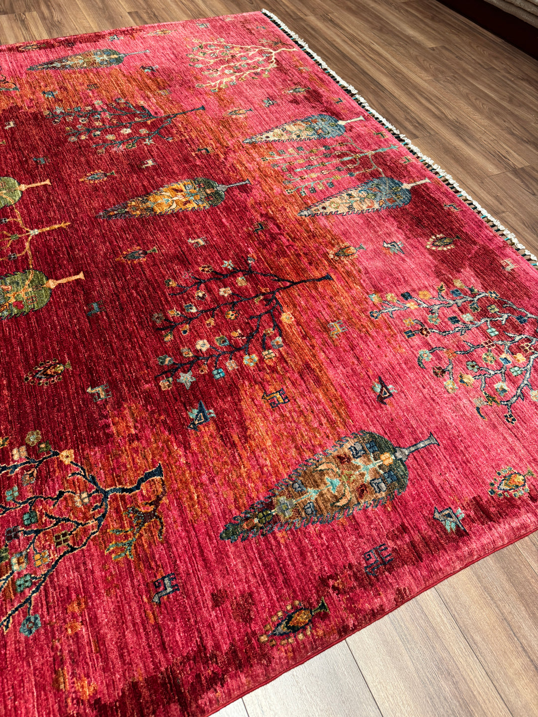 Hayat Ağacı Orijinal El Dokuması Pembe Kök Boya Yün Halı 246x298 7.33 Metrekare - 8x10 ft