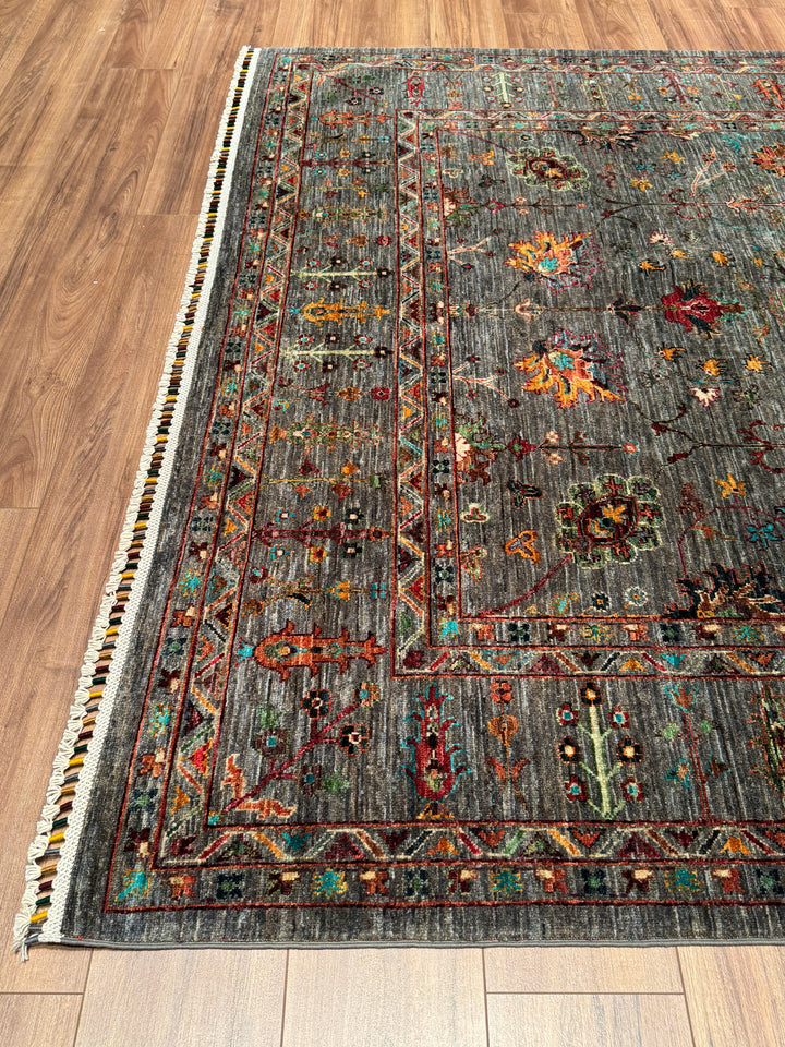 Sultani Çiçekli Orijinal El Dokuması Gri Kök Boya Yün Halı 206x294 6.06 Metrekare - 7x10 ft