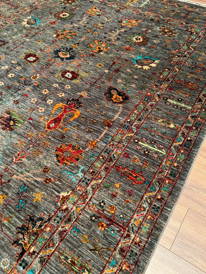 Sultani Çiçekli Orijinal El Dokuması Gri Kök Boya Yün Halı 206x294 6.06 Metrekare - 7x10 ft
