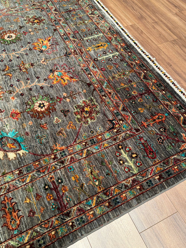 Sultani Çiçekli Orijinal El Dokuması Gri Kök Boya Yün Halı 206x294 6.06 Metrekare - 7x10 ft