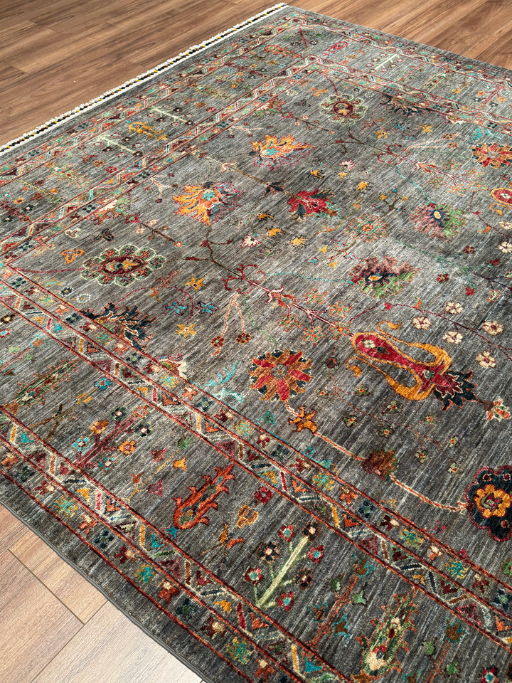 Sultani Çiçekli Orijinal El Dokuması Gri Kök Boya Yün Halı 206x294 6.06 Metrekare - 7x10 ft