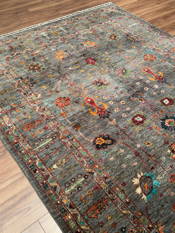 Sultani Çiçekli Orijinal El Dokuması Gri Kök Boya Yün Halı 206x294 6.06 Metrekare - 7x10 ft