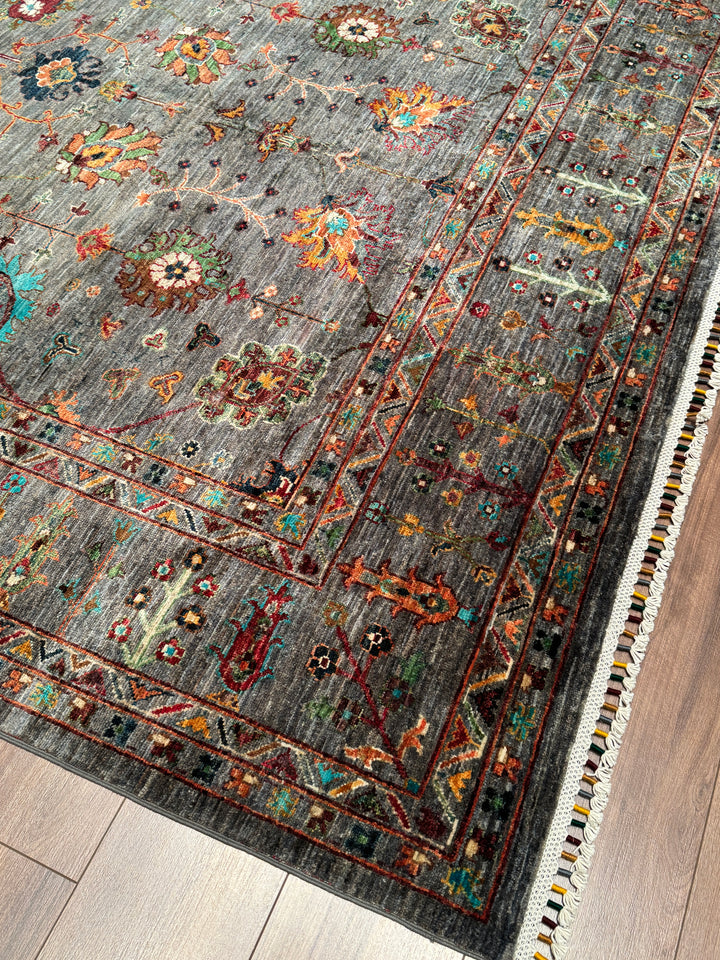 Sultani Çiçekli Orijinal El Dokuması Gri Kök Boya Yün Halı 206x294 6.06 Metrekare - 7x10 ft