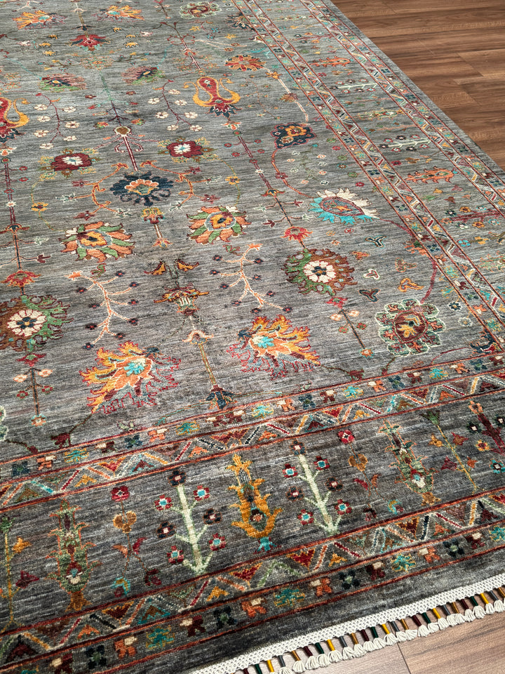 Sultani Çiçekli Orijinal El Dokuması Gri Kök Boya Yün Halı 206x294 6.06 Metrekare - 7x10 ft