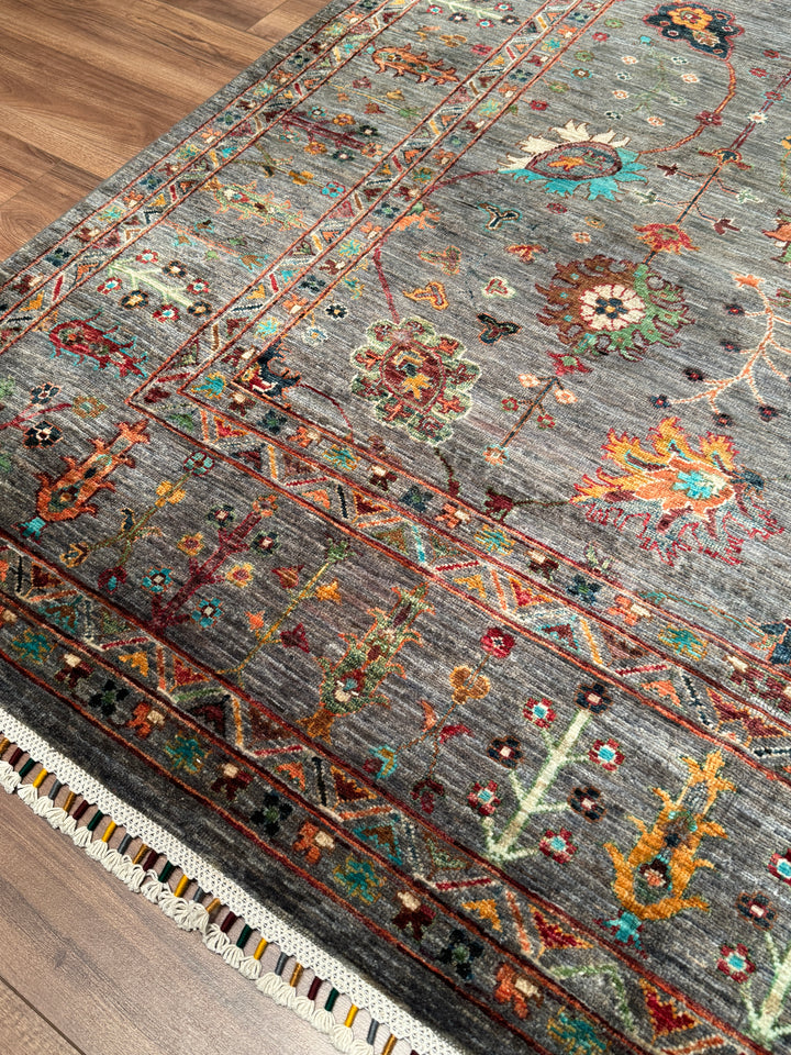 Sultani Çiçekli Orijinal El Dokuması Gri Kök Boya Yün Halı 206x294 6.06 Metrekare - 7x10 ft