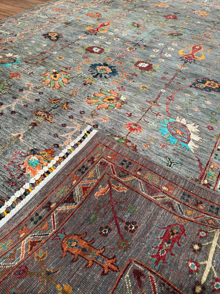 Sultani Çiçekli Orijinal El Dokuması Gri Kök Boya Yün Halı 206x294 6.06 Metrekare - 7x10 ft