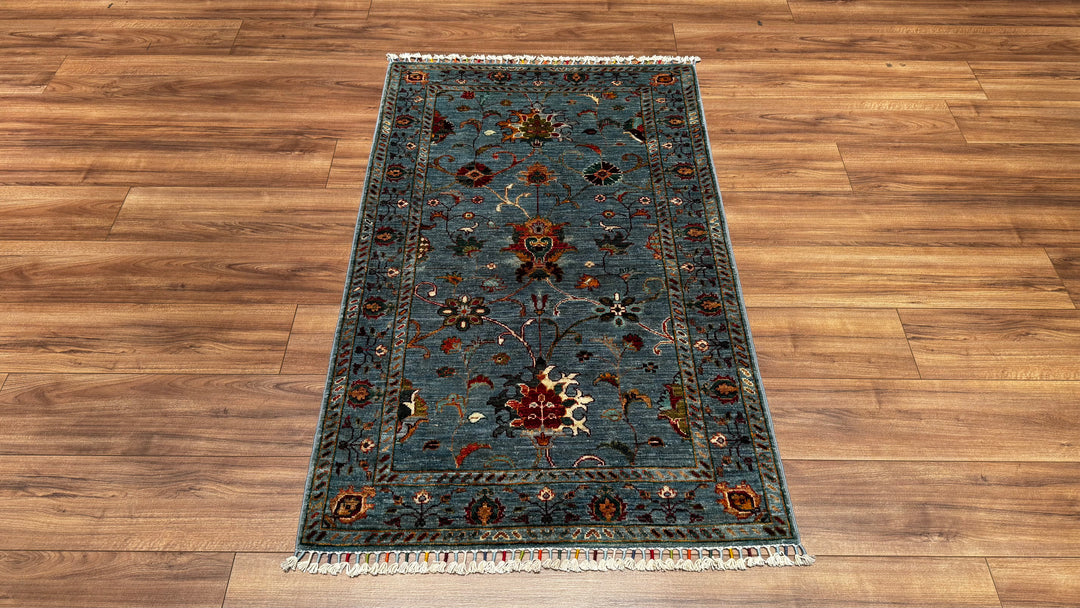 Sultani Çiçekli Orjinal El Dokuması Mavi Kök Boya Yün Halı 0.93x150 1.40 Metrekare - 3x4 ft