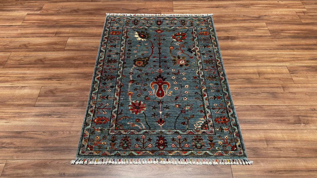 Sultani Çiçekli Orjinal El Dokuması Mavi Kök Boya Yün Halı 107x147 1.57 Metrekare - 3x5 ft