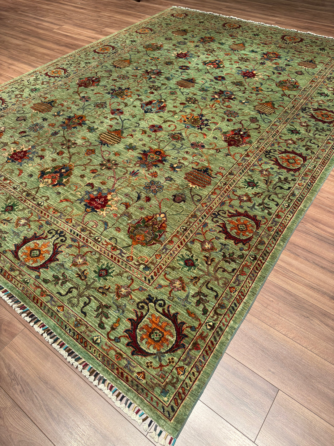 Sultani One Thousand and One Nights Original Handwoven Green Root Dye Wool Rug 261x360 cm (9.40 square meters) - 8x12 ft 