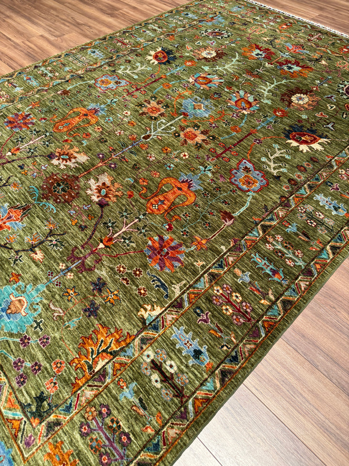Sultani Çiçekli Orijinal El Dokuması Yeşil Kök Boya Yün Halı 207x304 6.29 Metrekare - 7x10 ft