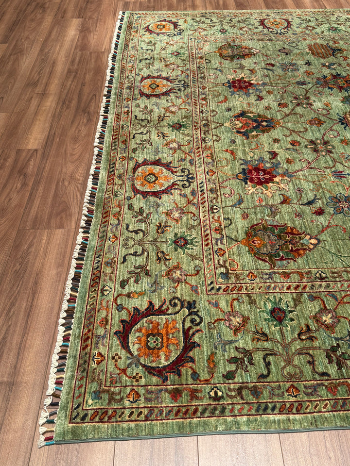 Sultani One Thousand and One Nights Original Handwoven Green Root Dye Wool Rug 261x360 cm (9.40 square meters) - 8x12 ft 