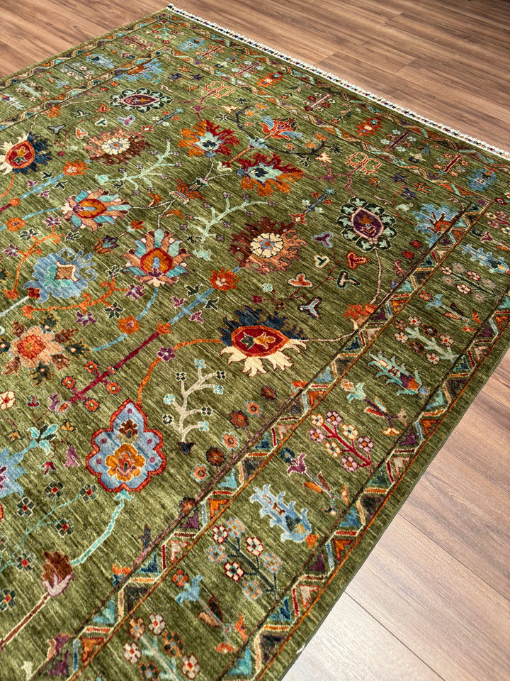 Sultani Çiçekli Orijinal El Dokuması Yeşil Kök Boya Yün Halı 207x304 6.29 Metrekare - 7x10 ft