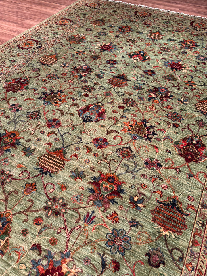 Sultani One Thousand and One Nights Original Handwoven Green Root Dye Wool Rug 261x360 cm (9.40 square meters) - 8x12 ft 