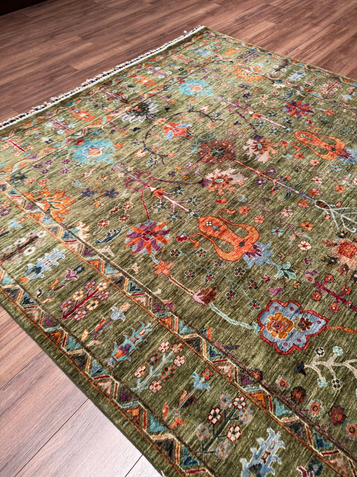 Sultani Çiçekli Orijinal El Dokuması Yeşil Kök Boya Yün Halı 207x304 6.29 Metrekare - 7x10 ft