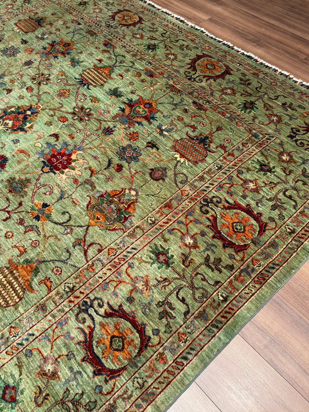 Sultani One Thousand and One Nights Original Handwoven Green Root Dye Wool Rug 261x360 cm (9.40 square meters) - 8x12 ft 