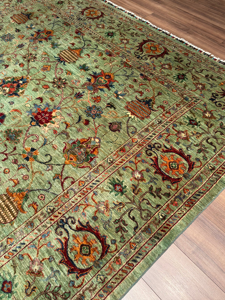 Sultani One Thousand and One Nights Original Handwoven Green Root Dye Wool Rug 261x360 cm (9.40 square meters) - 8x12 ft 
