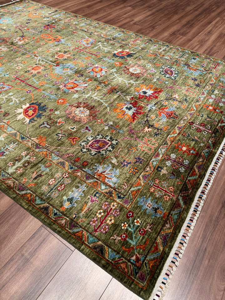 Sultani Çiçekli Orijinal El Dokuması Yeşil Kök Boya Yün Halı 207x304 6.29 Metrekare - 7x10 ft