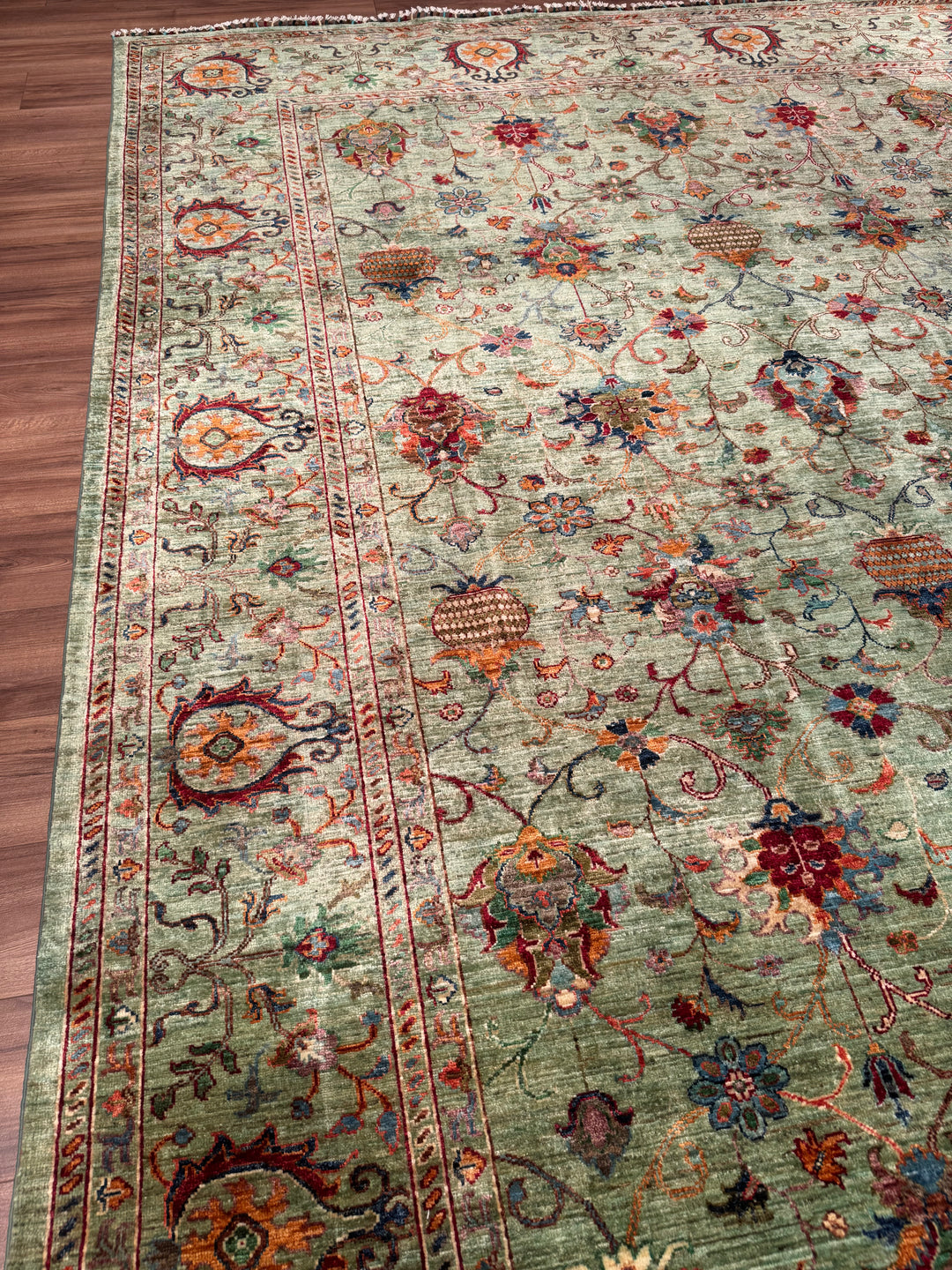 Sultani One Thousand and One Nights Original Handwoven Green Root Dye Wool Rug 261x360 cm (9.40 square meters) - 8x12 ft 