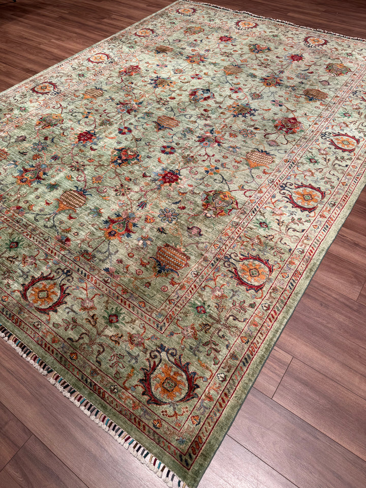 Sultani One Thousand and One Nights Original Handwoven Green Root Dye Wool Rug 261x360 cm (9.40 square meters) - 8x12 ft 