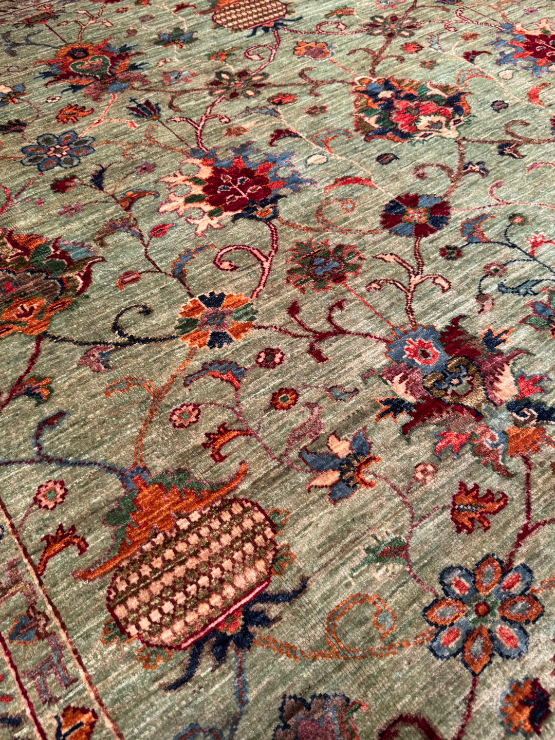 Sultani One Thousand and One Nights Original Handwoven Green Root Dye Wool Rug 261x360 cm (9.40 square meters) - 8x12 ft 