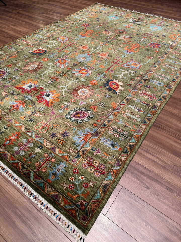Sultani Çiçekli Orijinal El Dokuması Yeşil Kök Boya Yün Halı 207x304 6.29 Metrekare - 7x10 ft