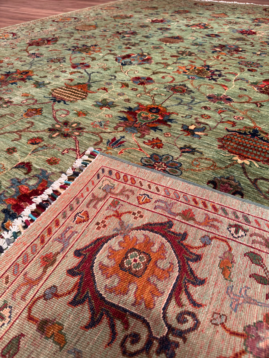 Sultani One Thousand and One Nights Original Handwoven Green Root Dye Wool Rug 261x360 cm (9.40 square meters) - 8x12 ft 