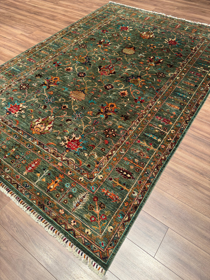 Sultani Binbirgece Orijinal El Dokuması Yeşil Kök Boya Yün Halı 209x305 6.37 Metrekare - 7x10 ft