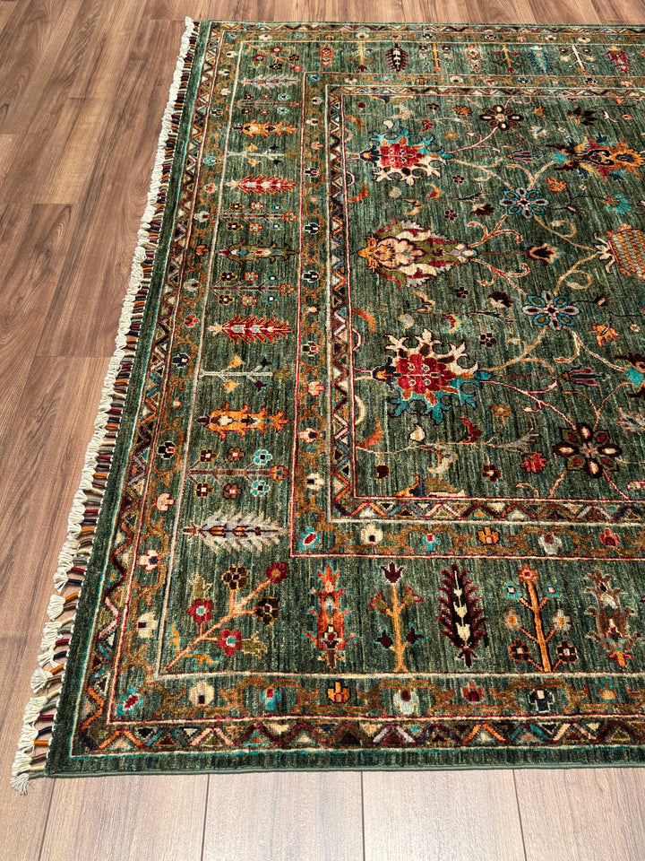 Sultani Binbirgece Orijinal El Dokuması Yeşil Kök Boya Yün Halı 209x305 6.37 Metrekare - 7x10 ft