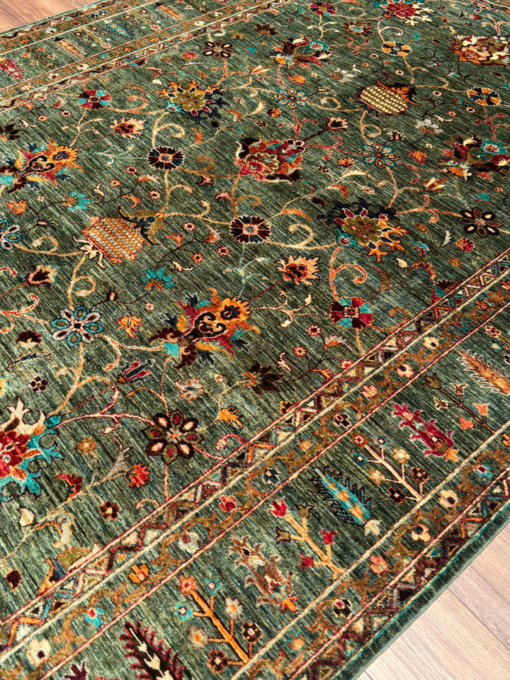 Sultani Binbirgece Orijinal El Dokuması Yeşil Kök Boya Yün Halı 209x305 6.37 Metrekare - 7x10 ft