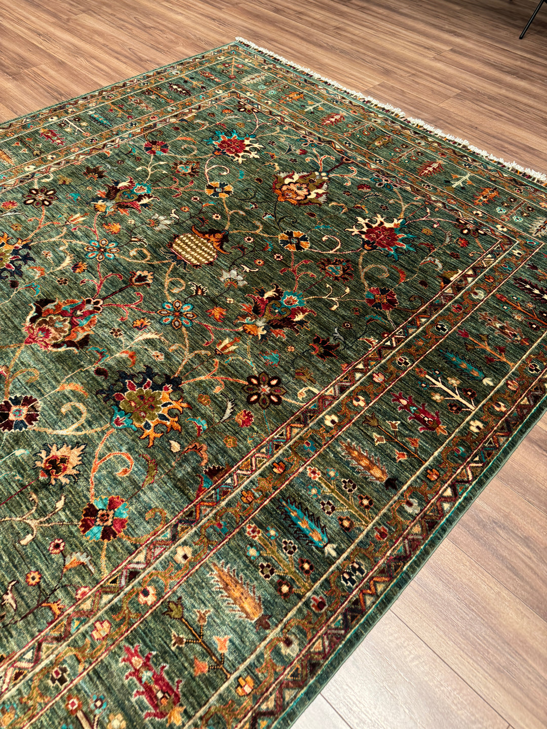 Sultani Binbirgece Orijinal El Dokuması Yeşil Kök Boya Yün Halı 209x305 6.37 Metrekare - 7x10 ft