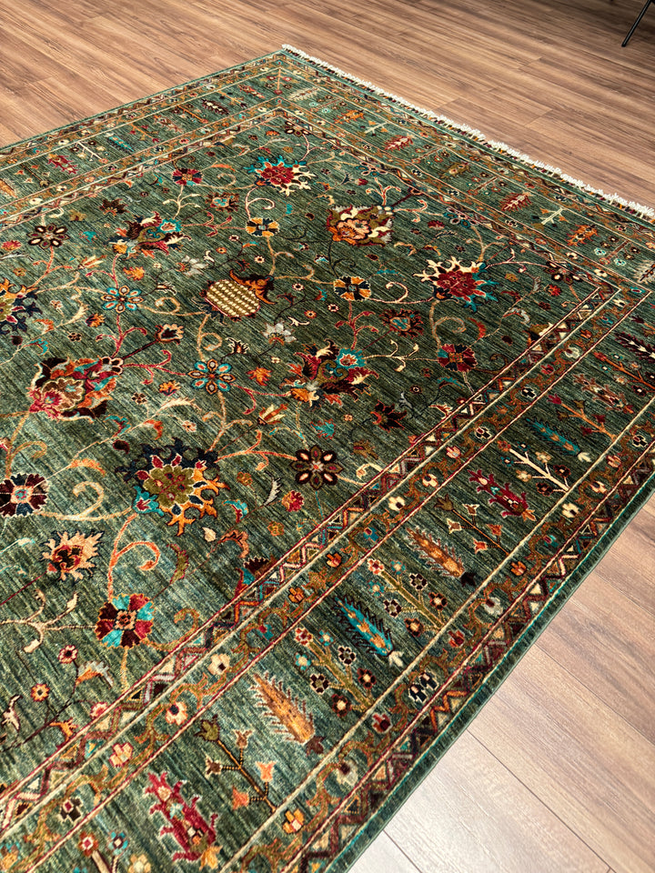 Sultani Binbirgece Orijinal El Dokuması Yeşil Kök Boya Yün Halı 209x305 6.37 Metrekare - 7x10 ft