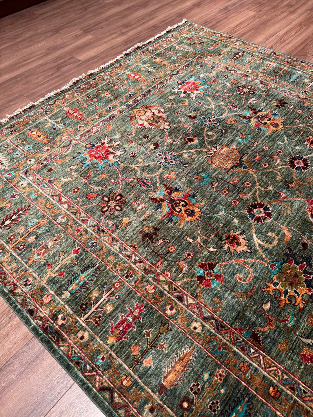 Sultani Binbirgece Orijinal El Dokuması Yeşil Kök Boya Yün Halı 209x305 6.37 Metrekare - 7x10 ft
