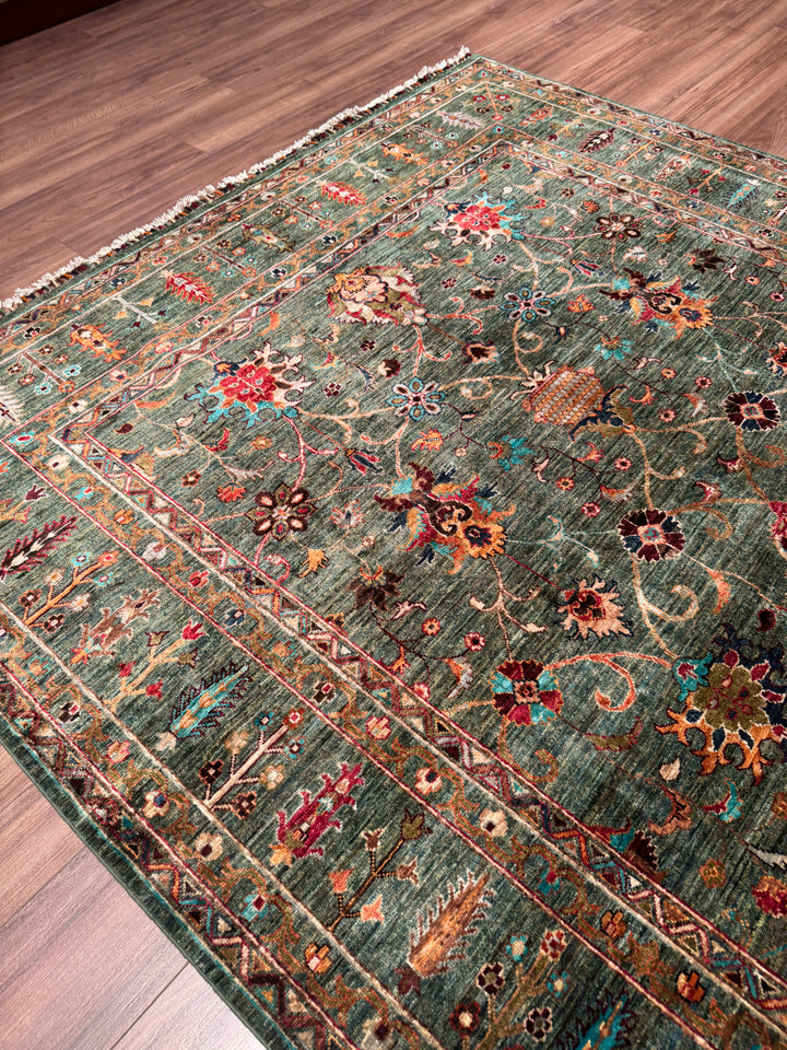 Sultani Binbirgece Orijinal El Dokuması Yeşil Kök Boya Yün Halı 209x305 6.37 Metrekare - 7x10 ft